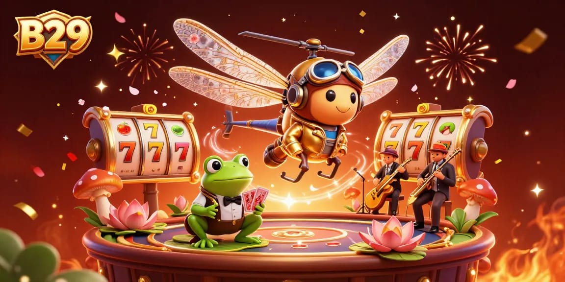 B29 captivates players at a lively lily pad casino with vibrant slot symbols and festive confetti.