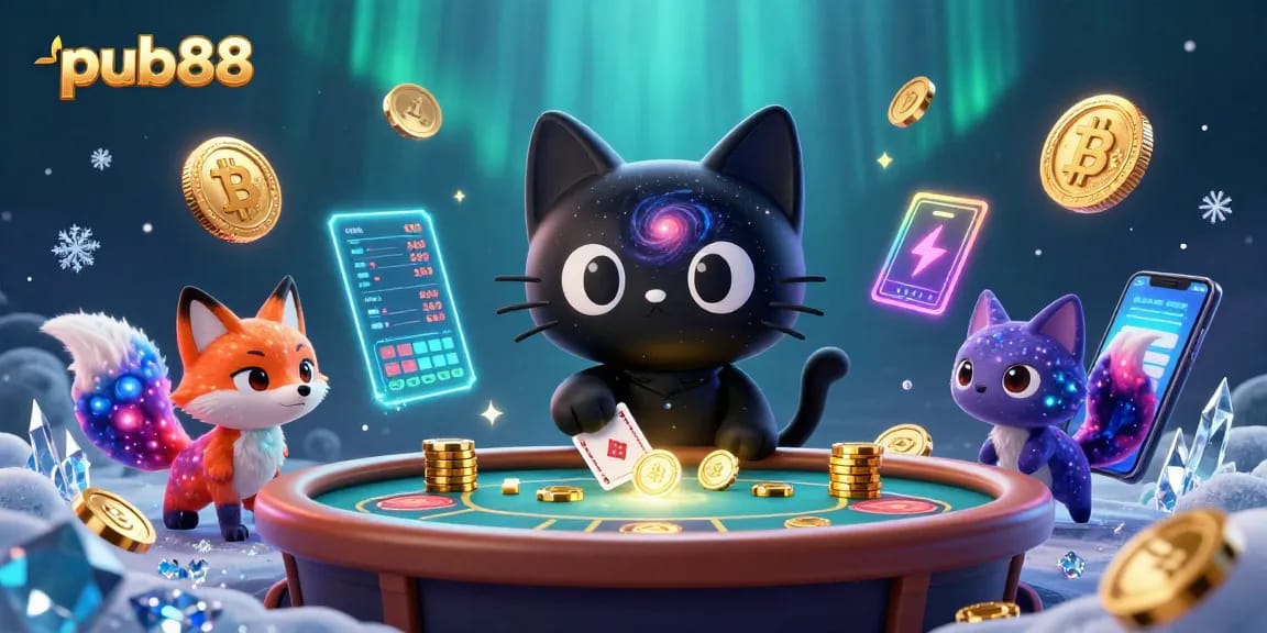 Engage with the cosmic excitement at pub88 with an imaginative casino scene showcasing a black hole cat and colorful elements of online gambling.