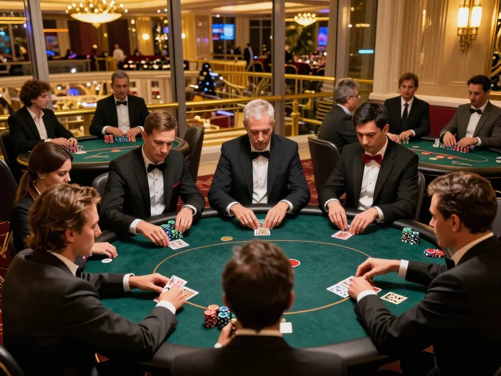 9BET players engaged in high-stakes poker game with chips and cards visible, demonstrating strategic gameplay.