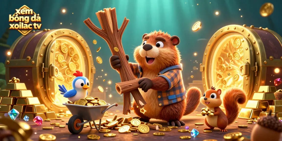 Xem bóng đá xoilac tv showcases a vibrant 3D scene with characters and gold elements emphasizing online betting excitement.