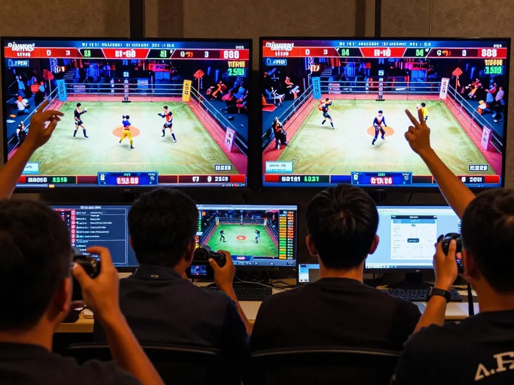 Excited betting excitement at a live ĐÁ GÀ 88 event with screens displaying intense matches.