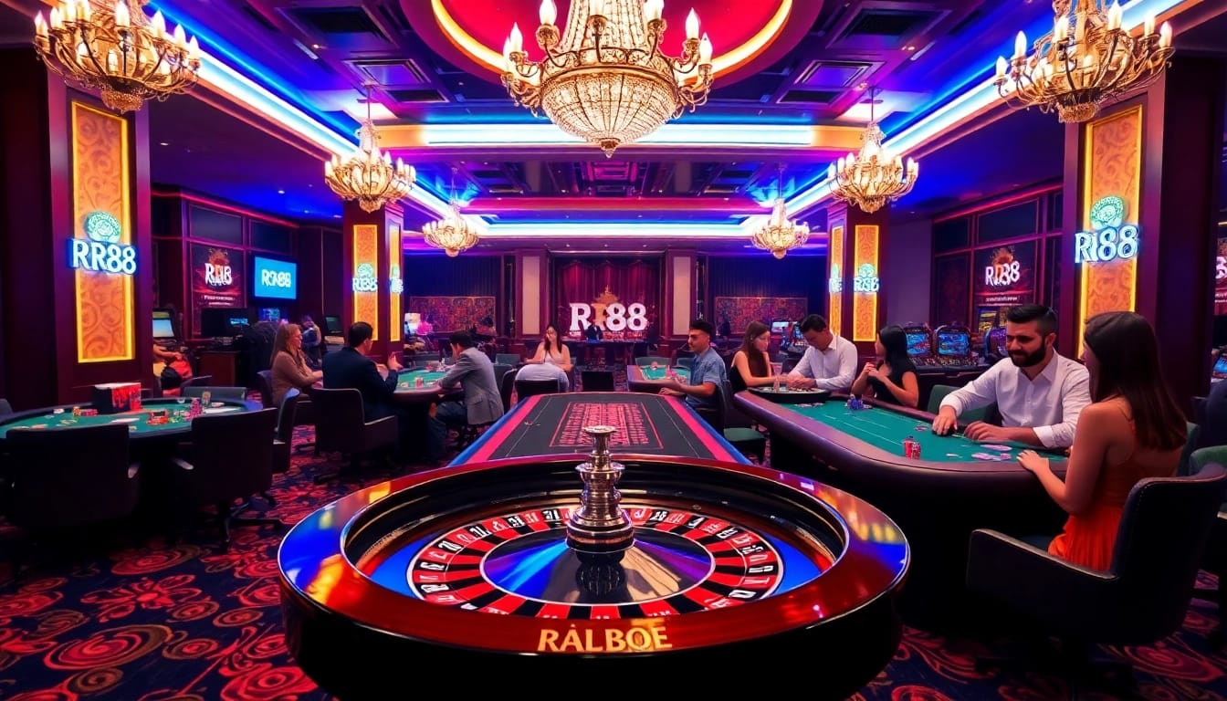 Exciting gaming scene at RR88 casino featuring roulette and poker tables filled with players.