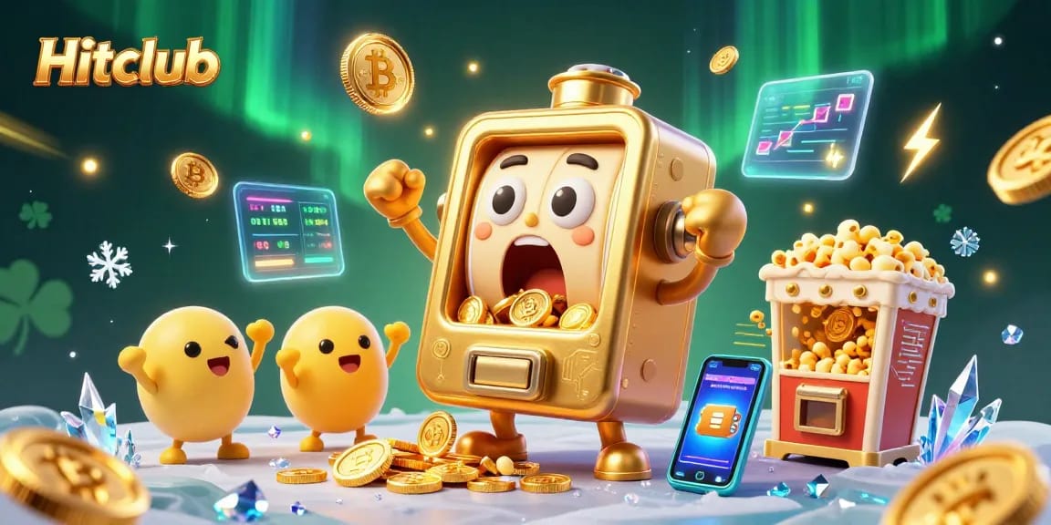 Spin the reels and win big at Hitclub with vibrant slot machines and crypto coins flashing.