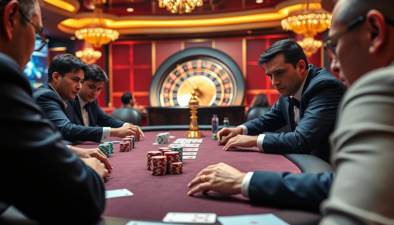 Exciting casino atmosphere with players at a poker table, showcasing 7m tỷ lệ betting dynamics.