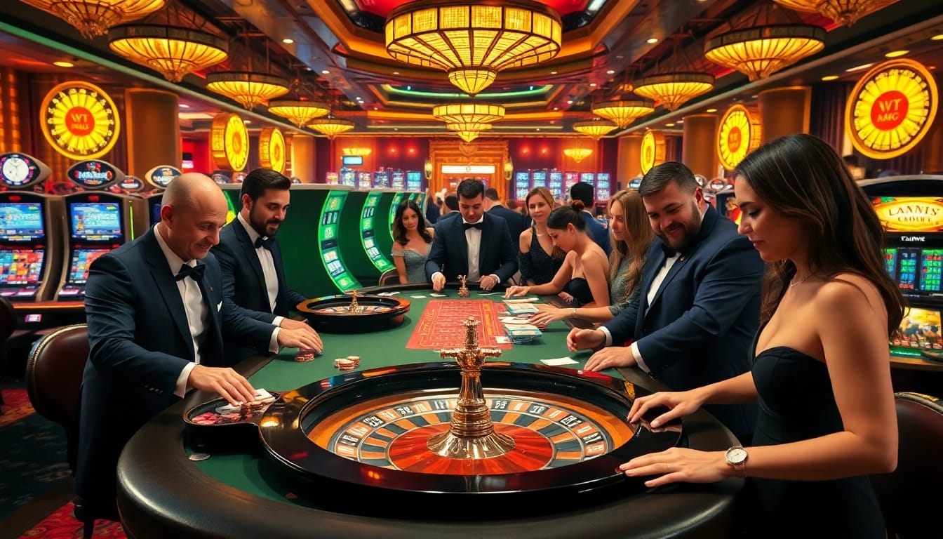 Engaged players enjoying thrilling games at 888new com casino. High energy with vibrant atmosphere.