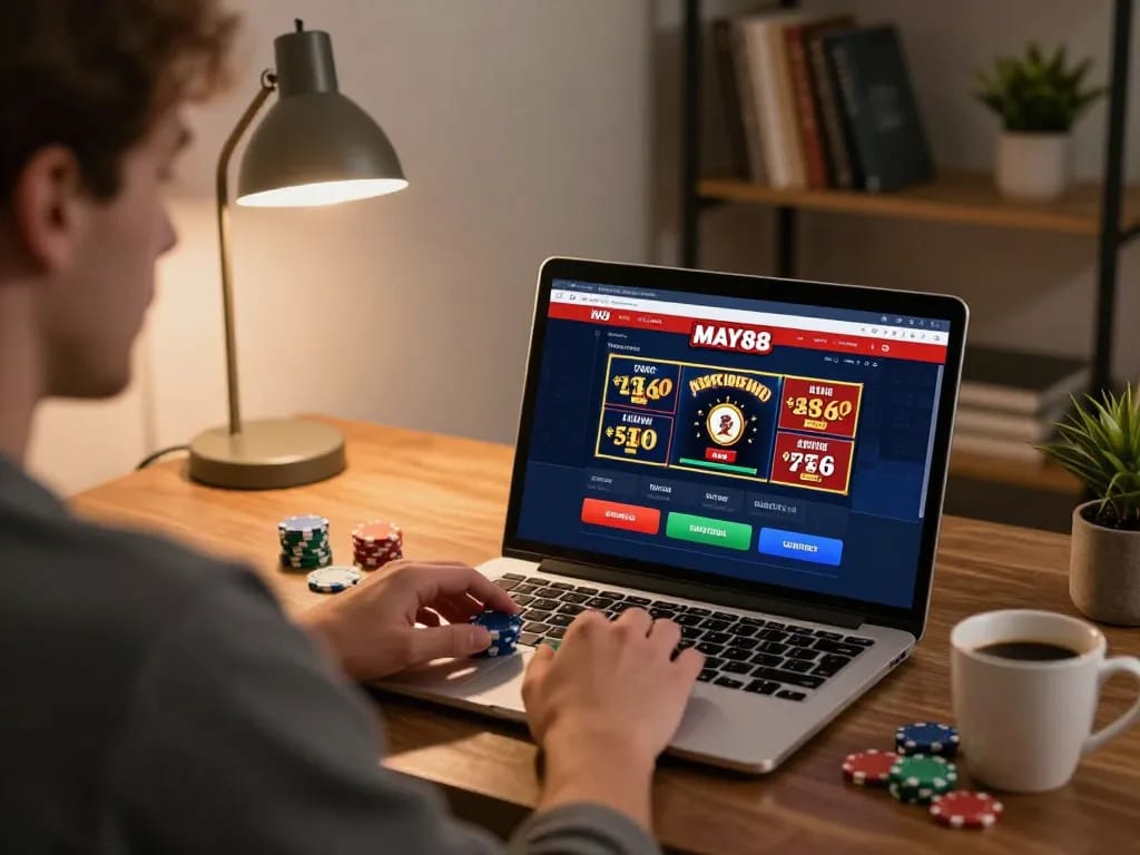 MAY88 online gaming session featuring a player engaged in poker strategy at home, relaxed atmosphere.