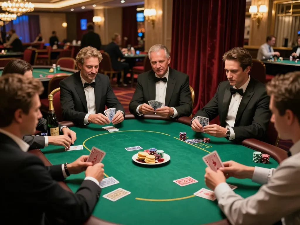 Five88 VIP gamers strategizing during a high-stakes poker match in an upscale casino.
