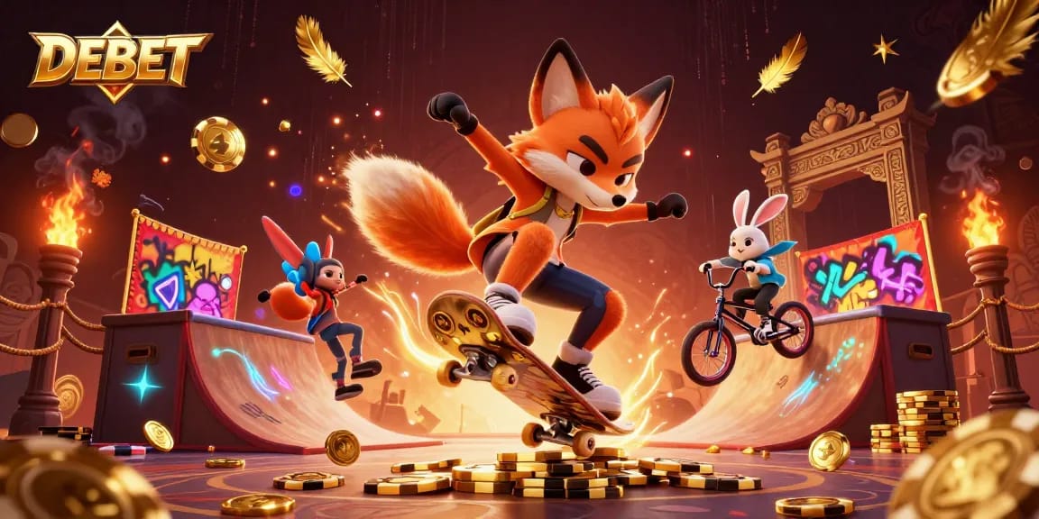 Catch thrilling action at DEBET, where a skateboarder fox and BMX rabbit showcase epic tricks in a vibrant casino-themed scene.