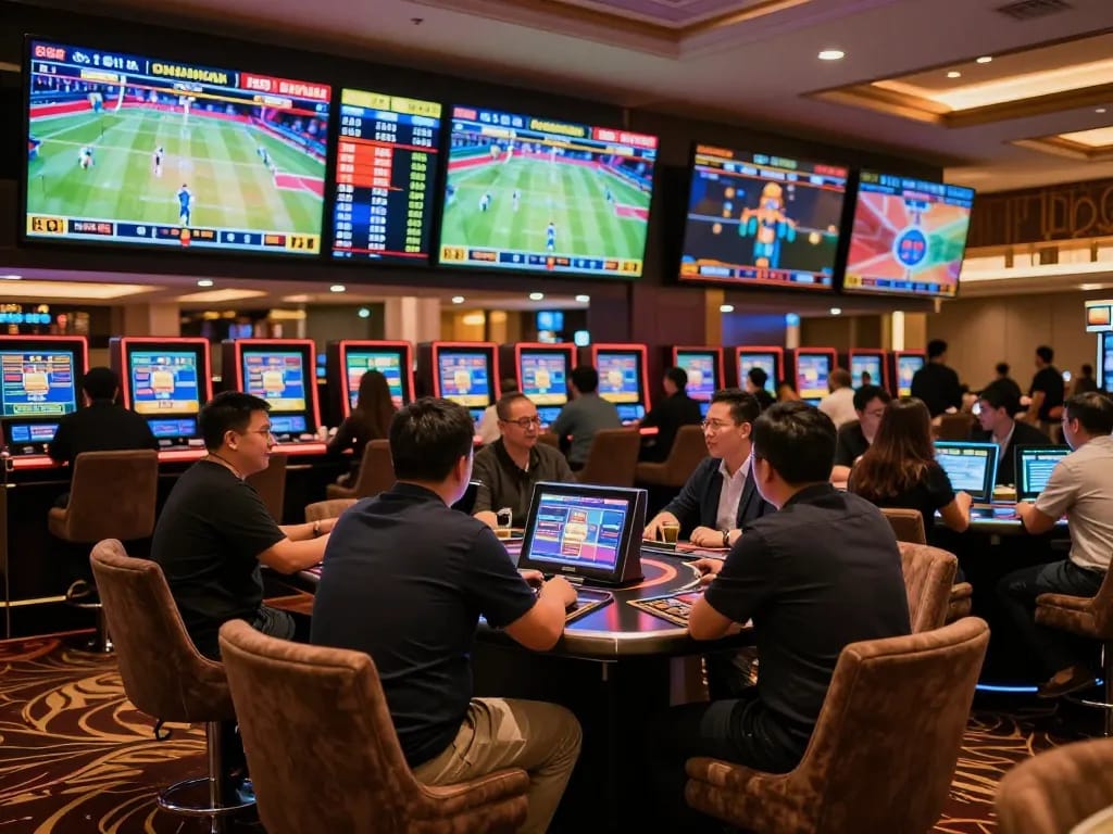 Excited players engaging in sports betting at 555win's upscale lounge with vibrant screens displaying odds