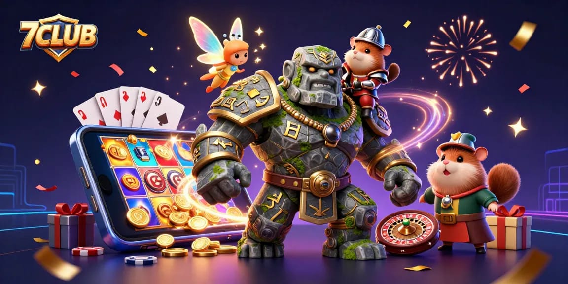 7CLUB players enjoying casino excitement with a magical golem guardian in a vibrant 3D scene.