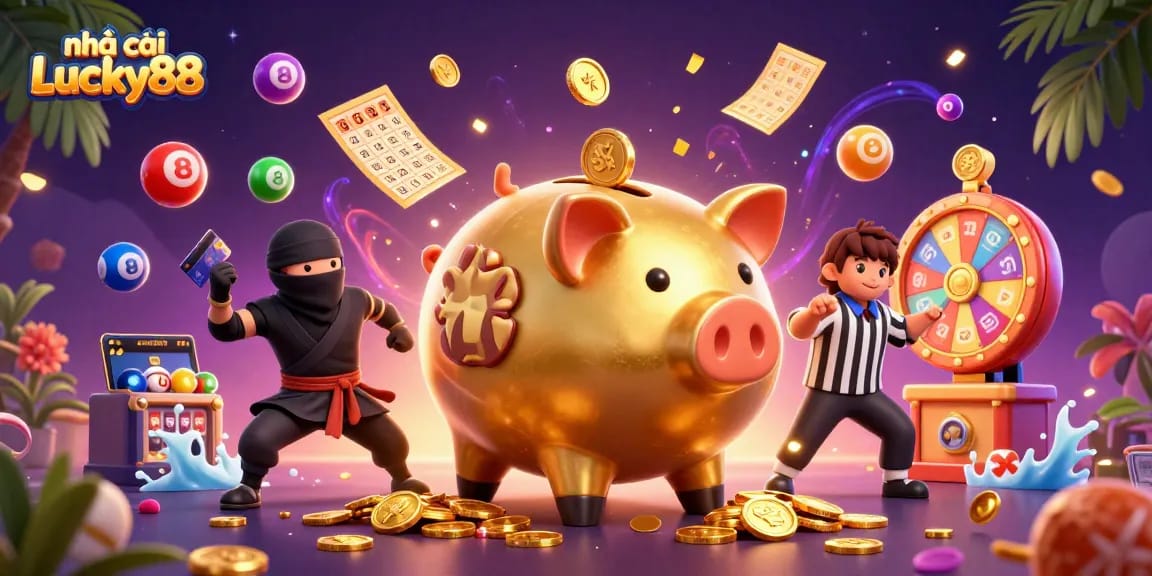 Engage with nhà cái Lucky88 as a golden piggy bank sumo wrestler shakes golden coins in a vibrant casino atmosphere.