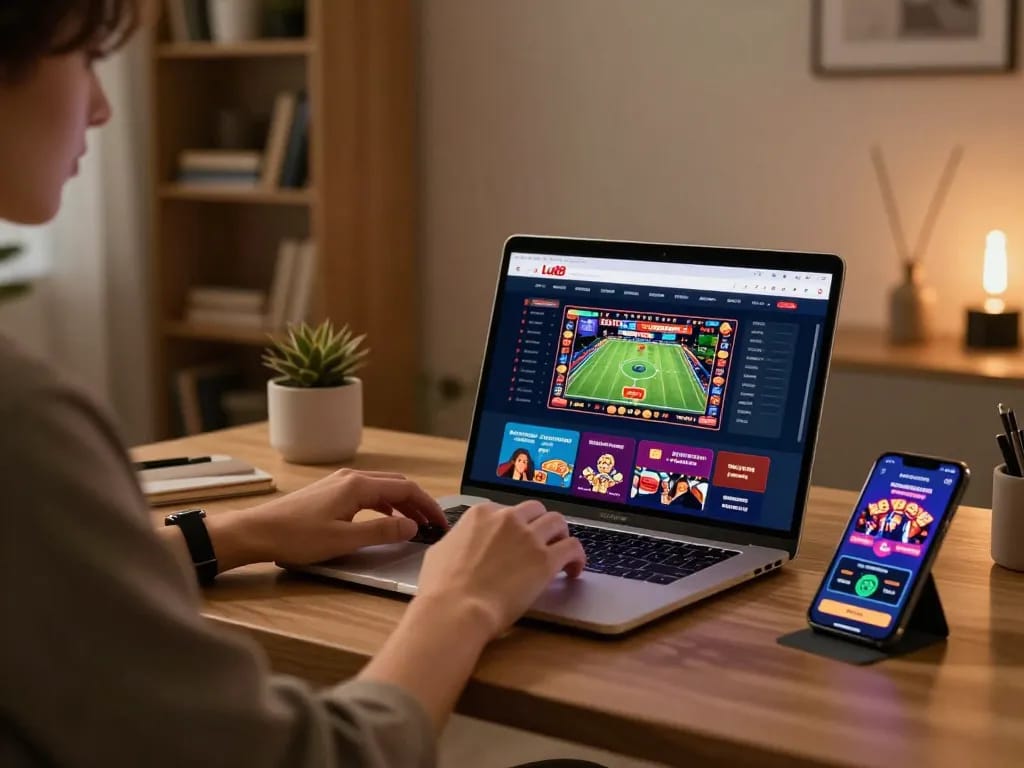 Engaging with the Lu88 betting platform in a cozy home office, showcasing Link đăng ký Lu88 on the screen