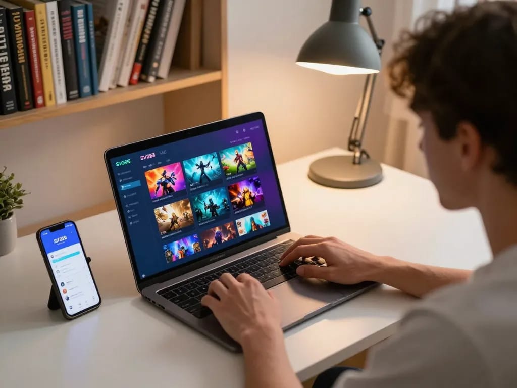 Person engaging with the SV368 online casino platform on a laptop, showcasing a vibrant gaming interface