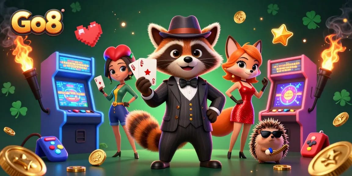 Experience thrilling gameplay at Go8 with a suave raccoon, charming fox, and bouncer in a vibrant casino scene.