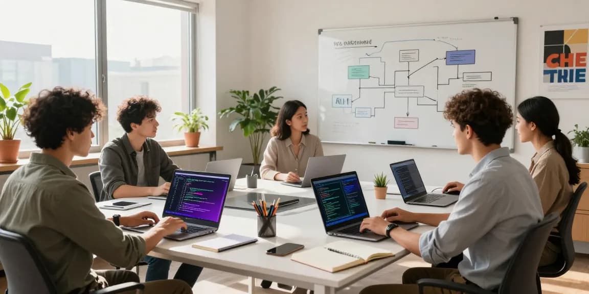 Team building internal tools with AI in a modern workspace, showcasing laptops and vibrant coding.