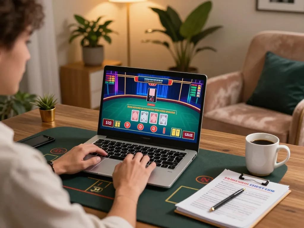 GEM88 player strategizing during online live dealer casino game on laptop in cozy environment