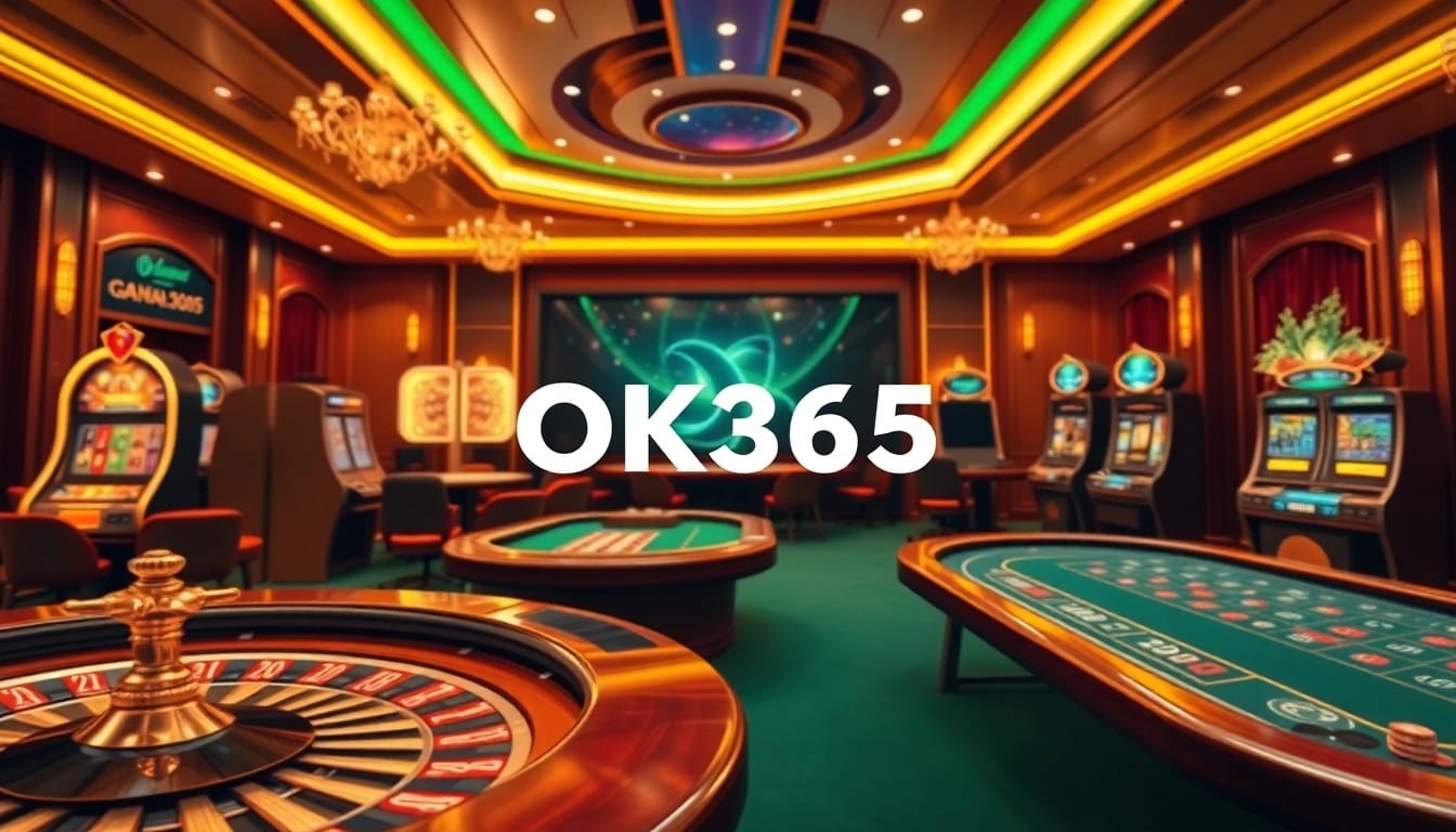 Gamble with excitement at nhà cái OK365, featuring vibrant slot machines and a roulette wheel.