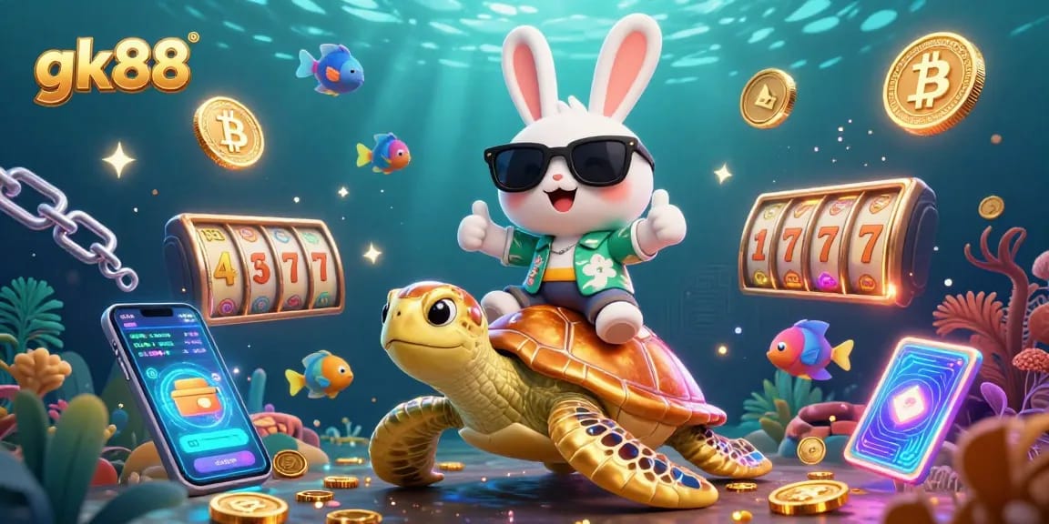 Engage with gk88's vibrant online casino scene, featuring 3D lucky rabbit and golden turtle amidst crypto coins.