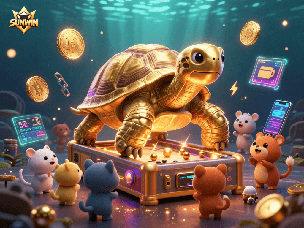 SUNWIN presents an exciting scene with a golden tortoise pinball machine amidst vibrant cryptocurrency elements.