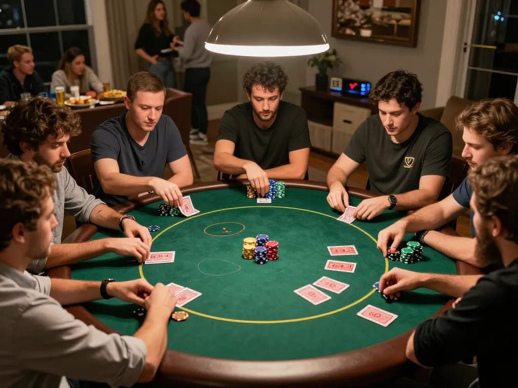 ALO8 players enjoying strategic gameplay during a vibrant home poker night with friends, showcasing competitive atmosphere.