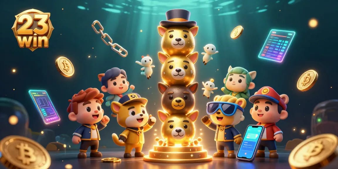 Experience the thrill of 23 win gaming with vibrant animal totem characters surrounded by crypto elements.