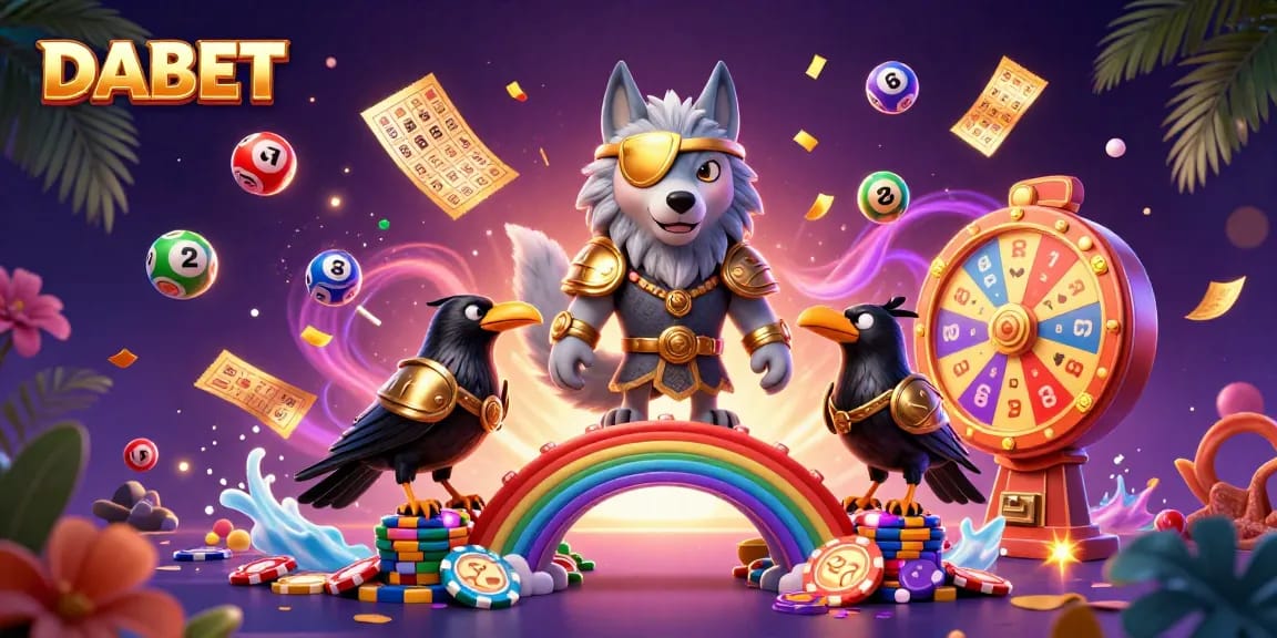 DABET engages players in a dynamic casino world, featuring an Odin wolf and lively game elements.