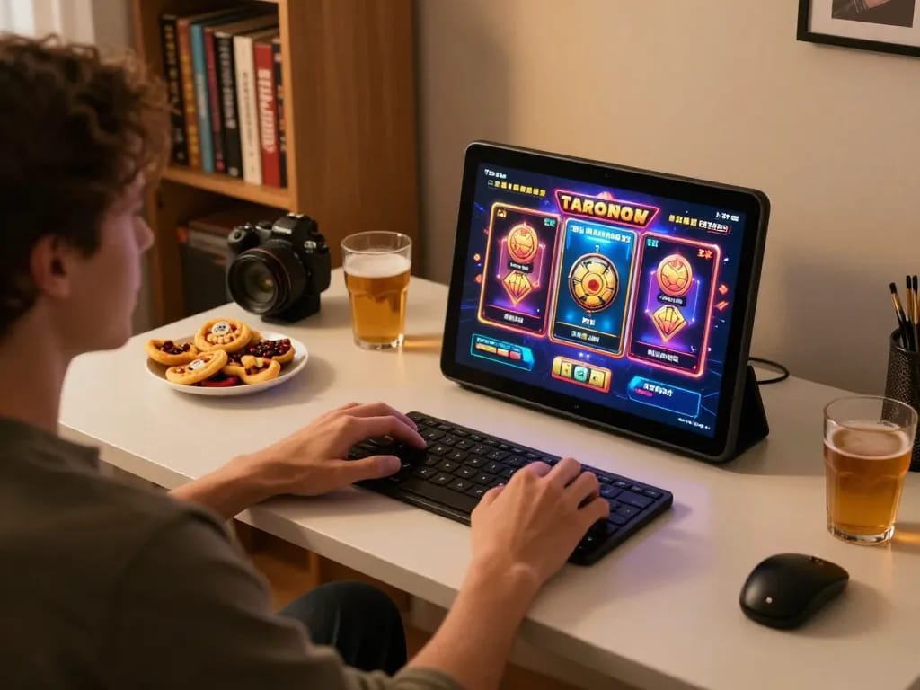 Player enjoying Bom88 online slots on tablet, colorful graphics and cozy home setup.