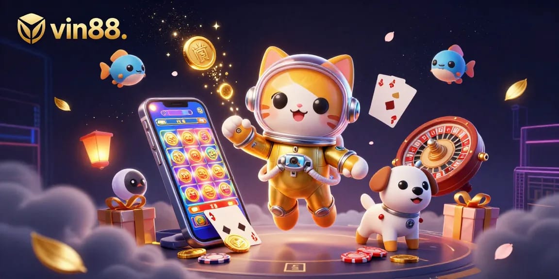 Experience thrilling gaming at vin88. with a vibrant 3D scene featuring casino elements.