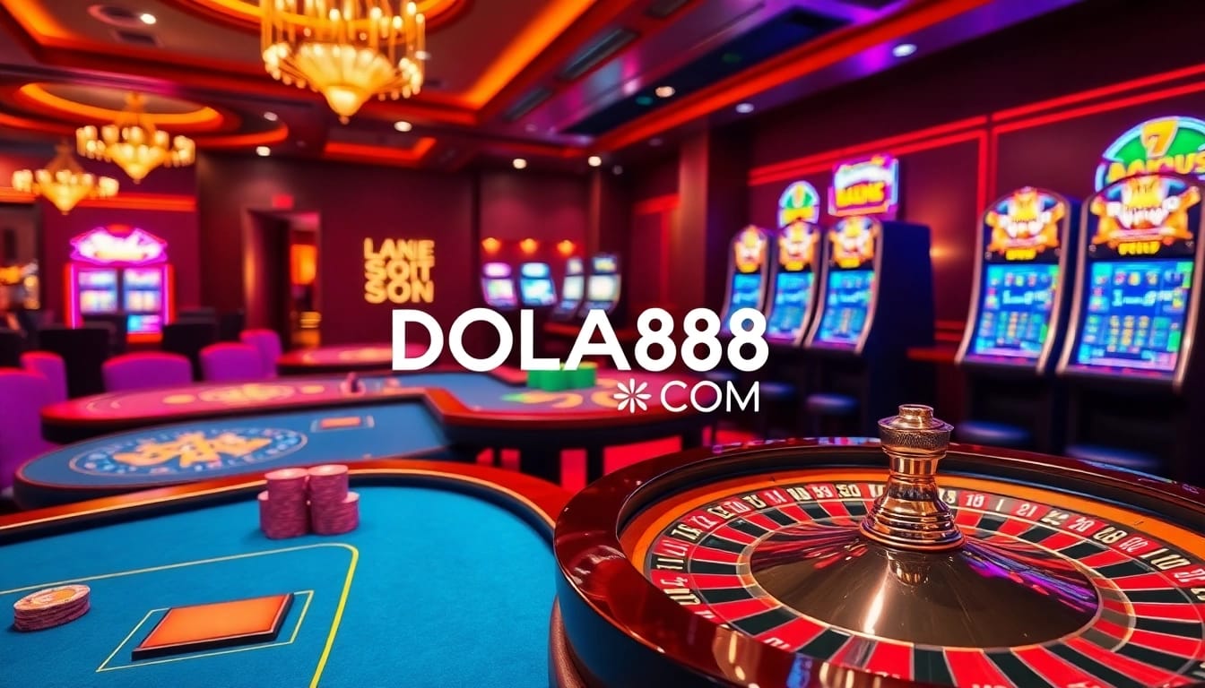 Engaging visual representation of DOLA88 COM showcasing high-stakes casino excitement with vibrant tables and slot machines.