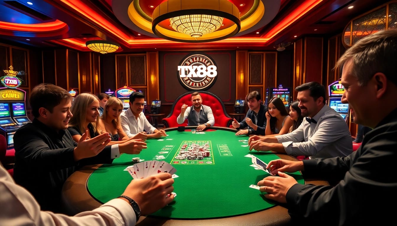 Experience the thrill of TX88 at a luxurious casino poker table with vibrant lights and excitement.
