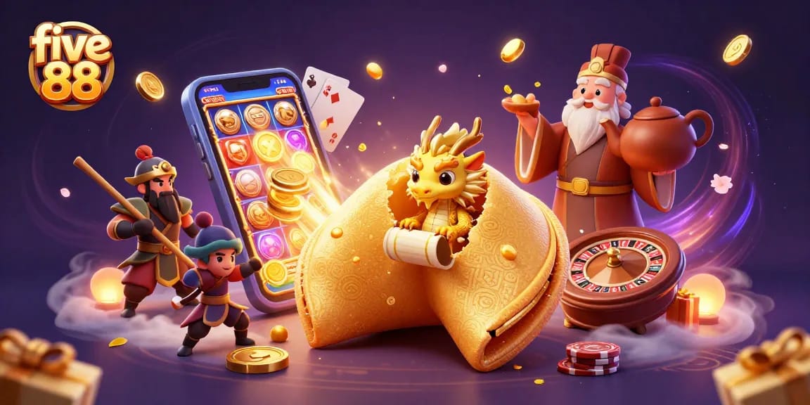 Engage with five 88 through a vibrant illustration showcasing a dragon, fortune cookie, and dynamic casino elements.