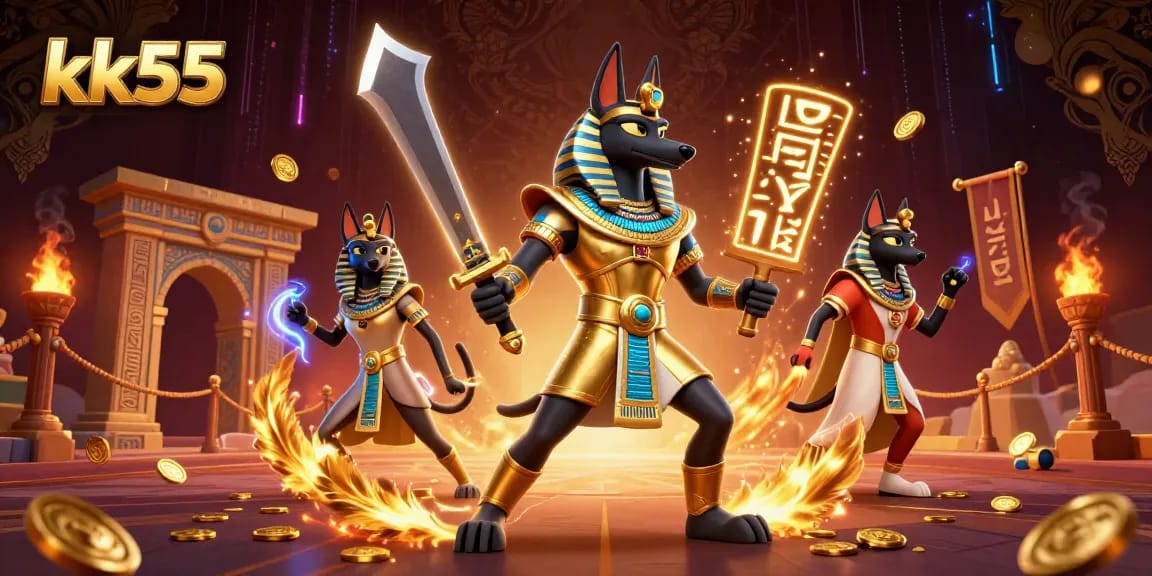 Spin the reels at kk55 with golden treasures and dynamic gambling elements in an energetic scene.