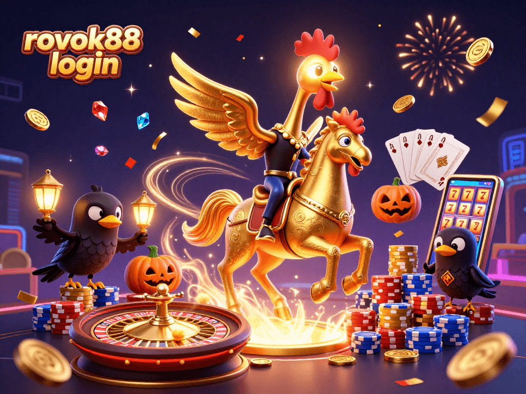 Experience thrilling rokok88 login action with dynamic casino scene featuring golden rooster and festive elements.
