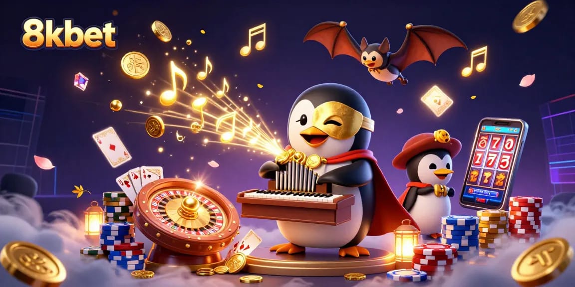 Engage with 8kbet's vibrant casino scene featuring golden coins, a phantom penguin, and dynamic game elements.