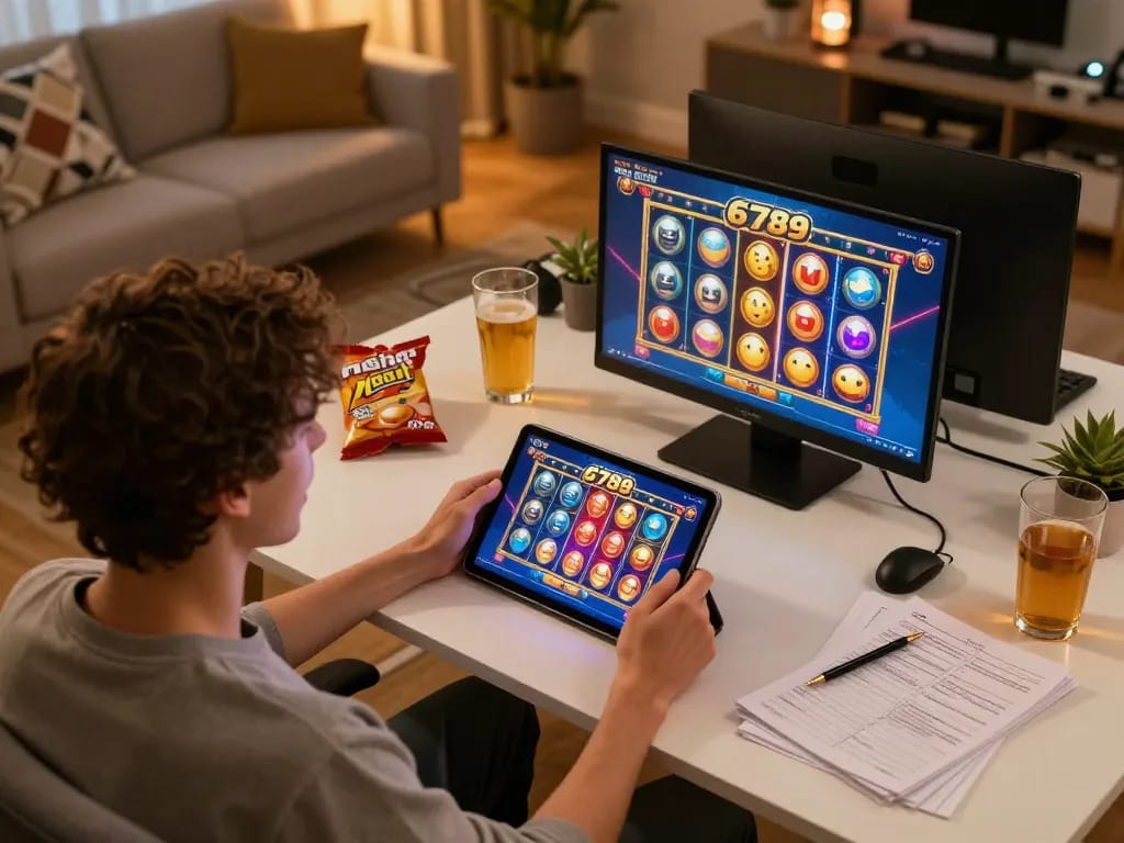 Player enjoying nổ hũ 6789 on a tablet at home, celebrating wins with excitement