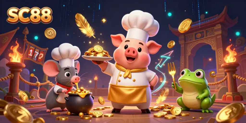 Engage in thrilling casino excitement with SC 88 as chef pig serves gold coins amidst vibrant slot reels.
