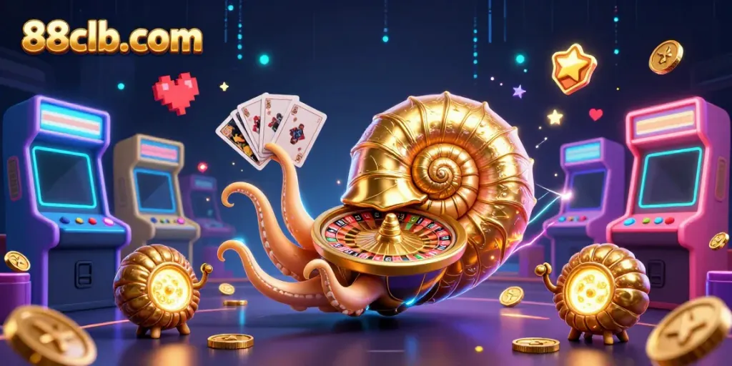Experience the excitement at 88clb-com with ancient nautilus holding cards and vibrant arcade elements.