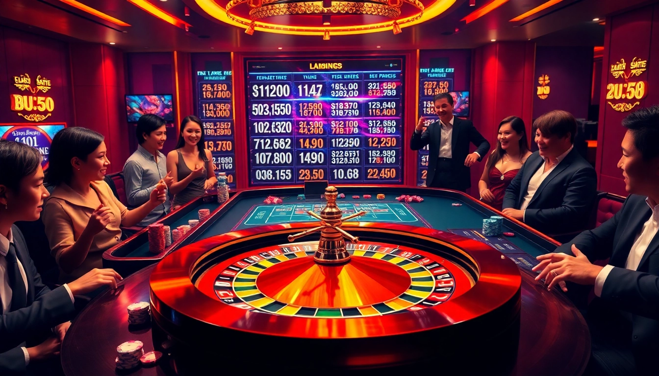 Excited players enjoying an online casino experience at https://du88.cx/, featuring poker chips and a roulette wheel.