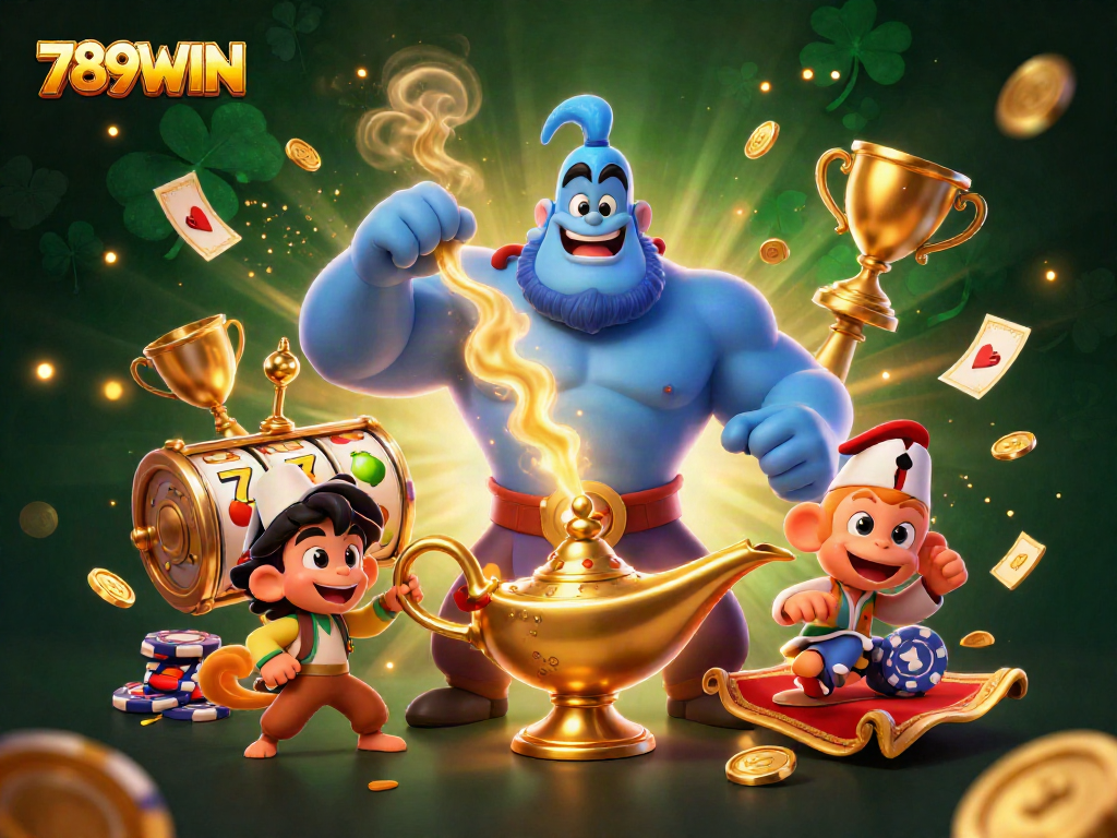 Engage in thrilling gameplay with 789WIN, featuring a vibrant illustration of a genie and poker elements.