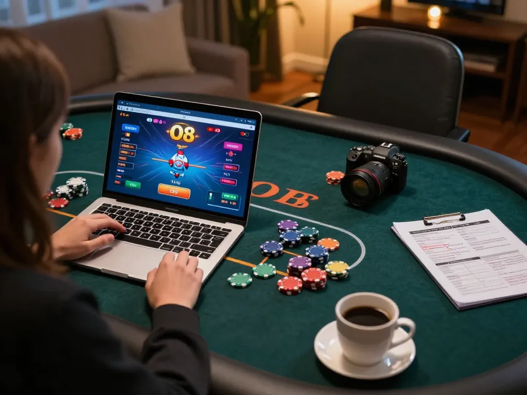 Players enjoying poker gameplay on O8 platform while seated at a cozy desk.
