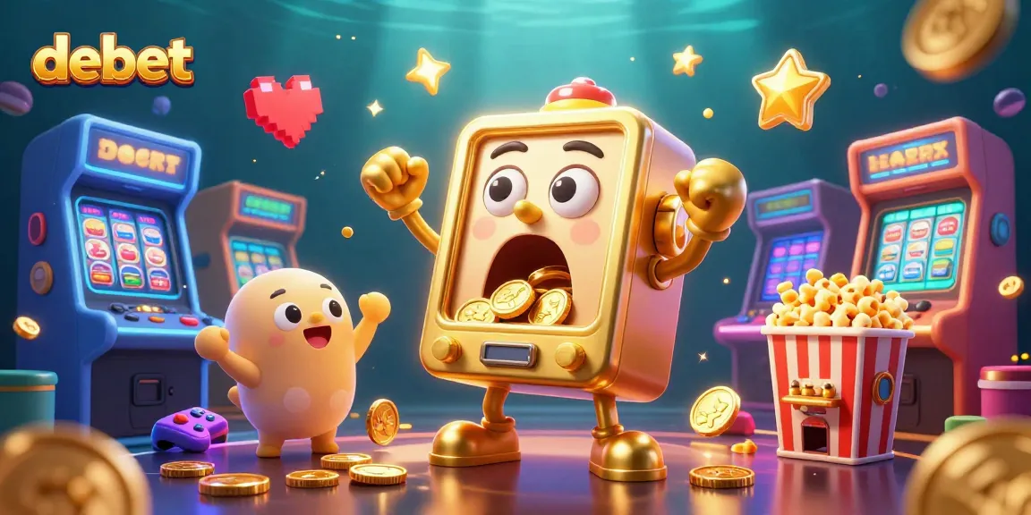Experience thrilling wins with debet's exciting 3D slot machine scene filled with coins and cheering characters.