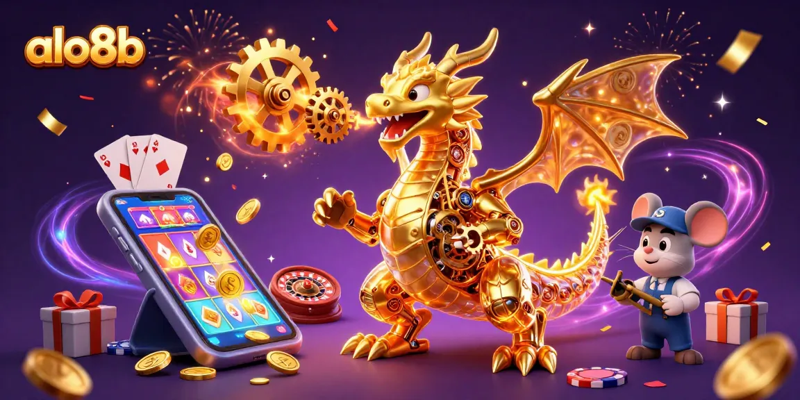 Engage in thrilling gaming adventures with ALO8B, featuring a golden dragon and dynamic casino elements.