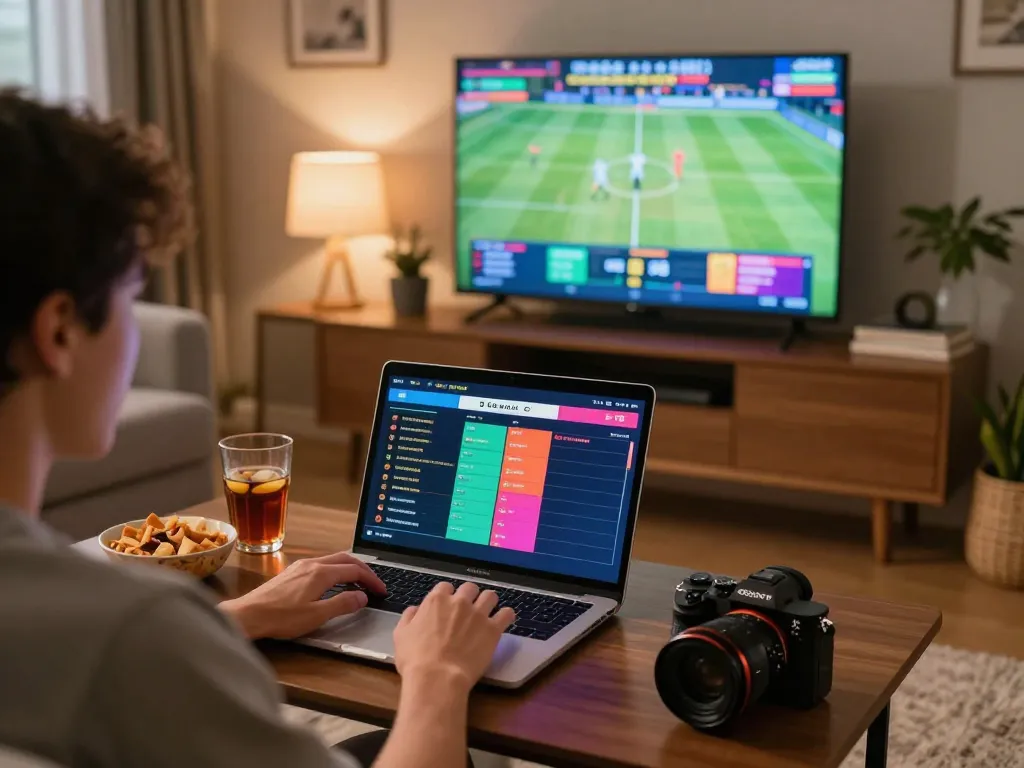 Strategically engaging in VT888 sports betting on laptop at home, highlighting a lively gambling atmosphere.