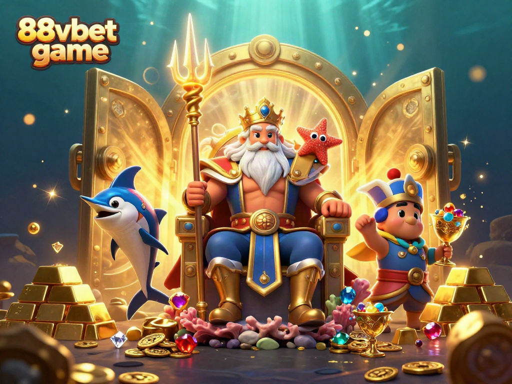Experience the excitement of 88vbet game with Neptune and treasures in this vibrant casino illustration.