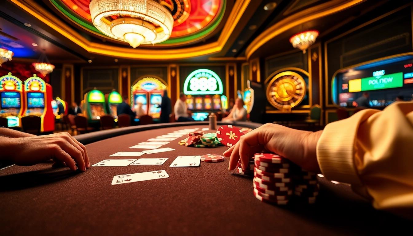 Experience excitement at 888new with poker chips and casino tables in a vibrant atmosphere.