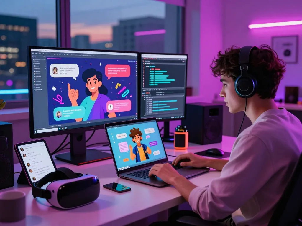 Engaging user interaction with innovative AI NSFW character chat, vibrant tech workspace setting.