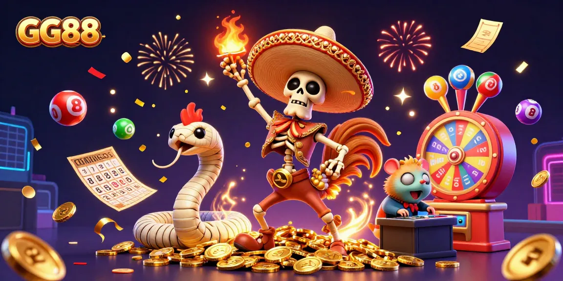 Experience GG88's vibrant victory with a mariachi rooster dancing amid golden coins and casino excitement.