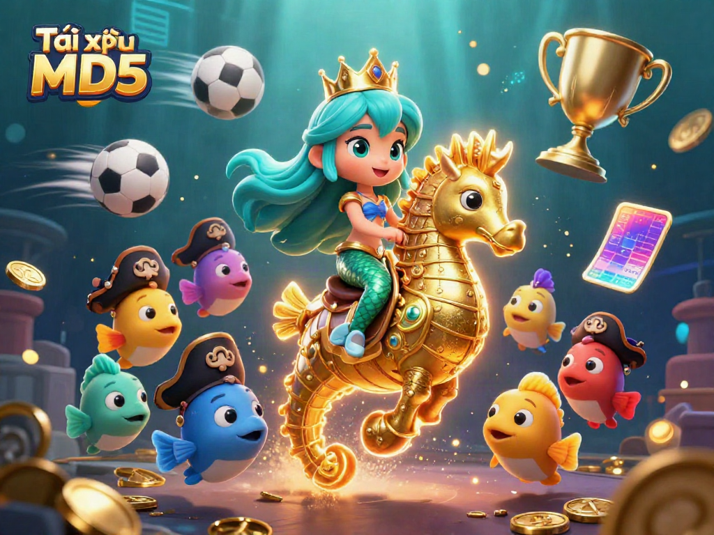 Engage in thrilling Tài xỉu MD5 action with a vibrant sea-themed illustration of a mermaid and her seahorse.