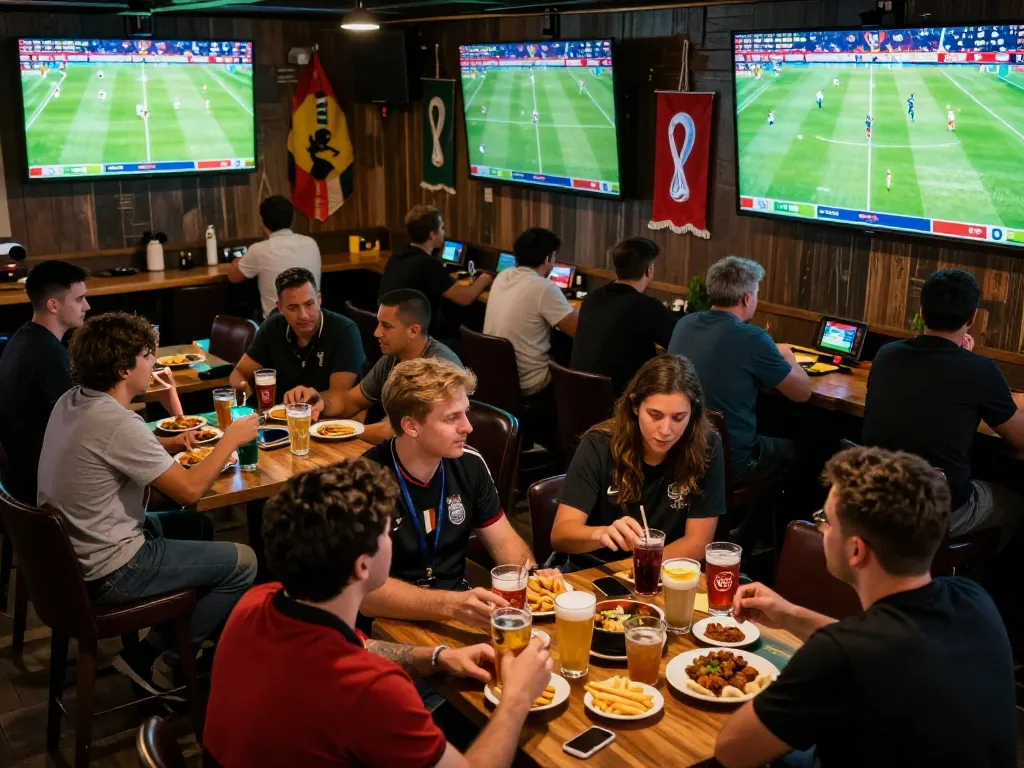 Bettors excitedly place bets on bola piala dunia 2026 at a lively sports bar.