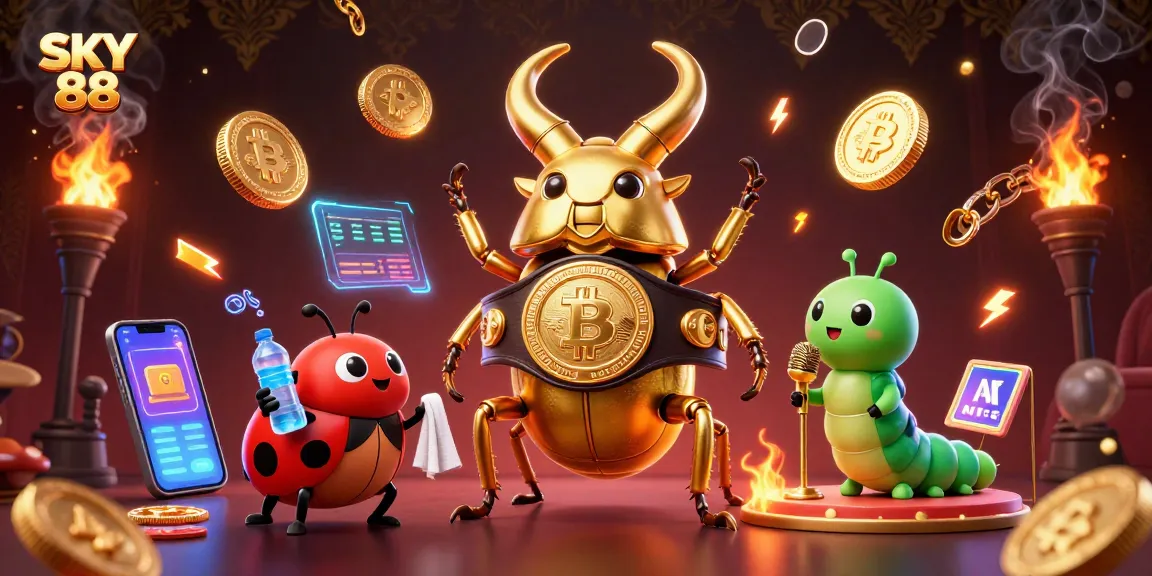 Experience the thrill of SKY 88 with a golden stag beetle boxing champion in a vibrant casino scene.